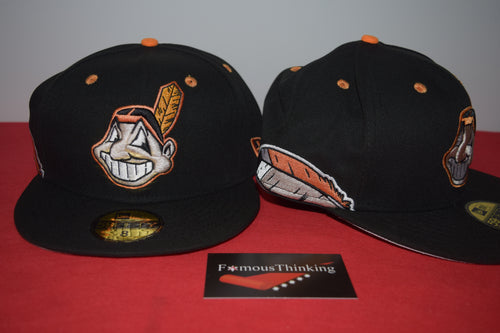 MLB New Era Cleveland Indians Chief Wahoo Black Orange Feather Fitted 59Fifty