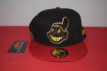 Load image into Gallery viewer, MLB New Era Cleveland Indians Chief Wahoo Golden Wahoo Black Red Feather Fitted 59Fifty