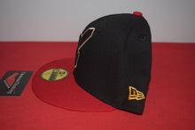 Load image into Gallery viewer, MLB New Era Cleveland Indians Chief Wahoo Golden Wahoo Black Red Feather Fitted 59Fifty