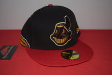 Load image into Gallery viewer, MLB New Era Cleveland Indians Chief Wahoo Golden Wahoo Black Red Feather Fitted 59Fifty