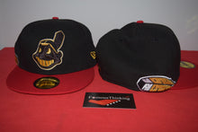 Load image into Gallery viewer, MLB New Era Cleveland Indians Chief Wahoo Golden Wahoo Black Red Feather Fitted 59Fifty