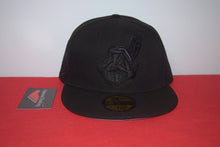 Load image into Gallery viewer, MLB New Era Cleveland Indians Chief Wahoo Double Patch Black Out Fitted 59Fifty