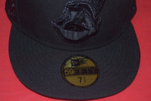 Load image into Gallery viewer, MLB New Era Cleveland Indians Chief Wahoo Double Patch Black Out Fitted 59Fifty